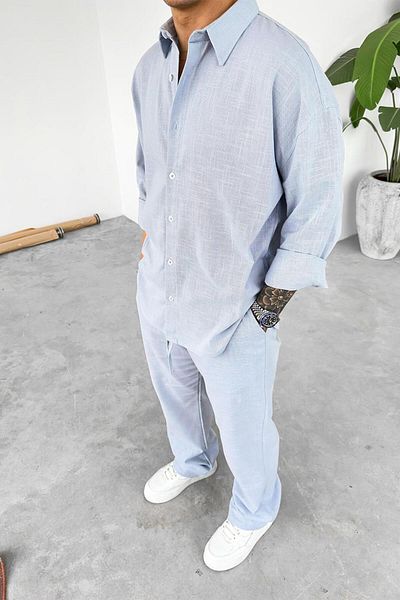 HAFKAGİYİM Cămașă oversize de bază din in premium albastru