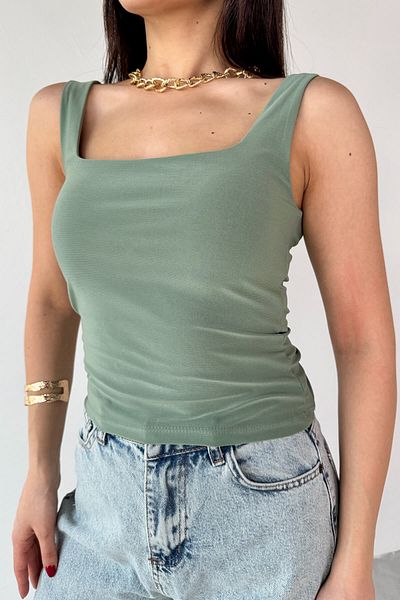 Cappmoda BLZ-06280 Χακί τετράγωνο γιακά μπλούζα με λουράκι