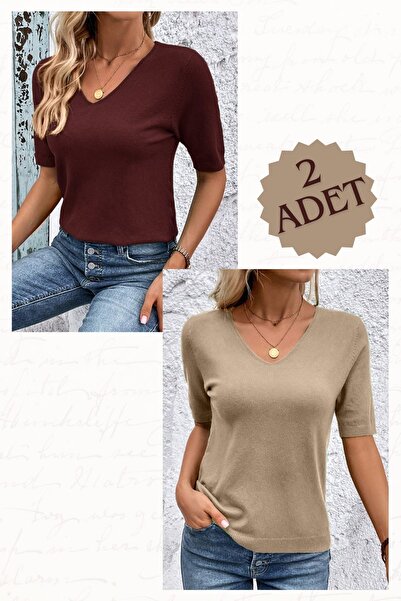 TRQOM 2 bucăți bluză de vară cu decolteu în V Lycra tricotaje cu mânecă scurt...