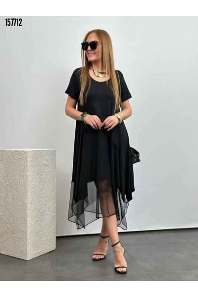 JANES Women's Short Sleeve Round Tulle Asymmetric Detail Viscose Dress