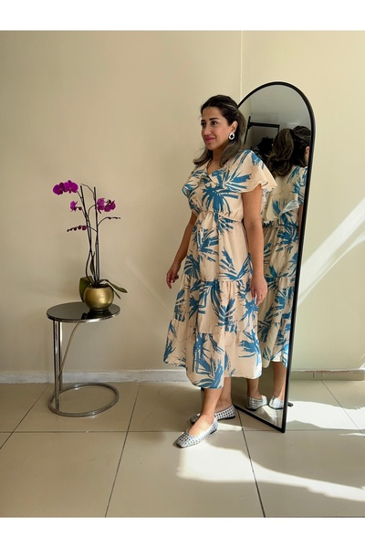 Arzu Yıldırım Butik Yazlık V Yaka Lastikli Kloş Keten Kumaş Desenli Mavi Elbise