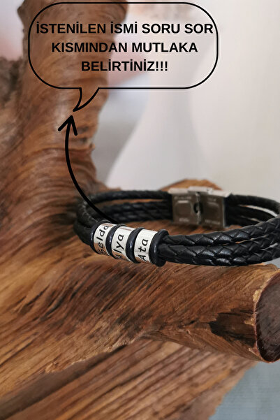 Piyera Gümüş Kişiye Özel İsimli Gümüş Halkalı 3 Sıralı Deri Kordonlu Erkek Bileklik