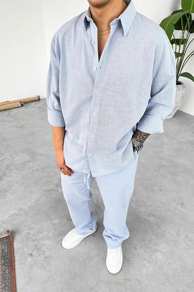 HAFKAGİYİM Cămașă oversize de bază din in premium albastru