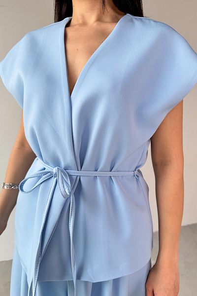 Cappmoda TKM-03676 Vestă căptușită albastru baby Pantaloni Palazzo Set din țesătură Atlas