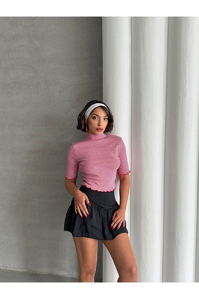 Look Forward Women's Red White Striped Stand Collar Crop Blouse