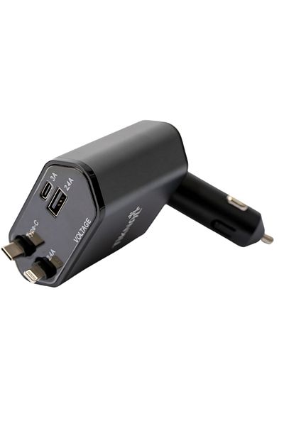 Tiknal | 4-in-1 Car Charger 120W PD USB-C + USB-A with Built-in Lightning & USB-C Cable | Gray