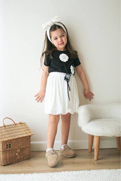 Lolliboomkids Girl's Cotton Daisy Applique Detailed T-Shirt Balloon Skirt Bottom Set 2 Pieces
