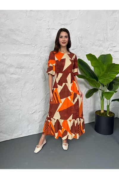 Elif Özbey Butik Rochie portocalie cu mâneci cu balon cu modele geometrice