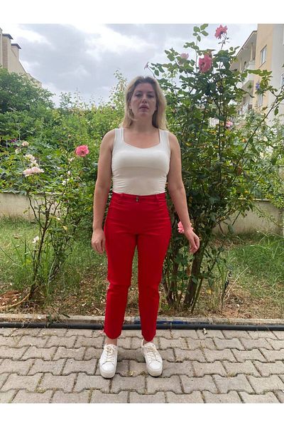 AKŞEN GİYİM Plus Size White Cotton Thin Linen Trousers - Lycra, Pipe Leg