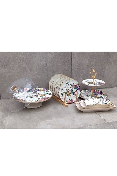 Pinkev 11 Piece Bird Patterned Ceramic Cake Presentation Plate Set