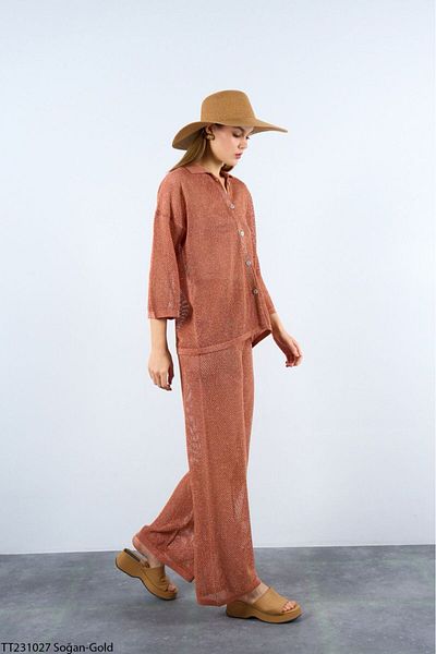 Lupies Women's Brown Cardigan-Pants Lurex Transparent Suit