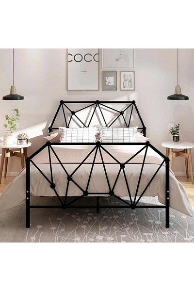 Generic Durable metal bed for one and a half people with a modern streamlined design, 200 x 140 cm, black color