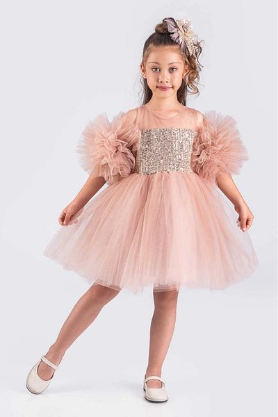vestitino Rochie de seara pentru fete cu maneca pompon cu paiete cu paiete