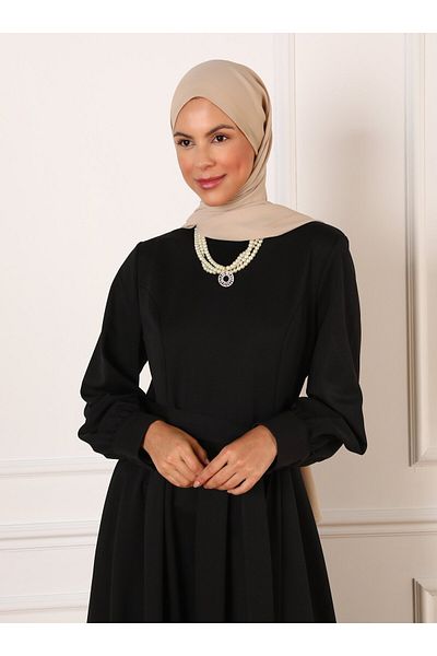 Refka Waist Pleated Detailed and Belted Hijab Dress - Black -