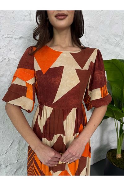 Elif Özbey Butik Rochie portocalie cu mâneci cu balon cu modele geometrice