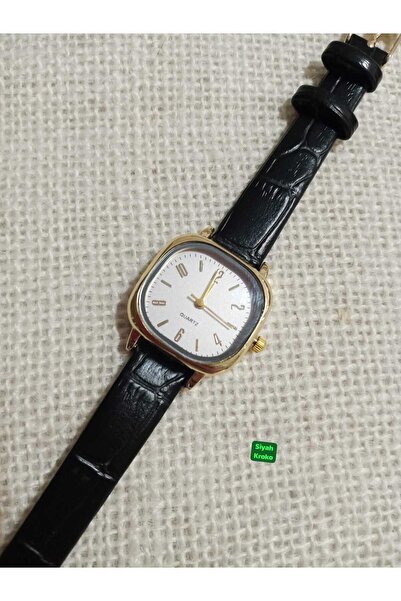 Brality ساعة يد نسائية كلاسيكية بسوار أسود وغطاء ذهبي ومينا بيضاء - 0054