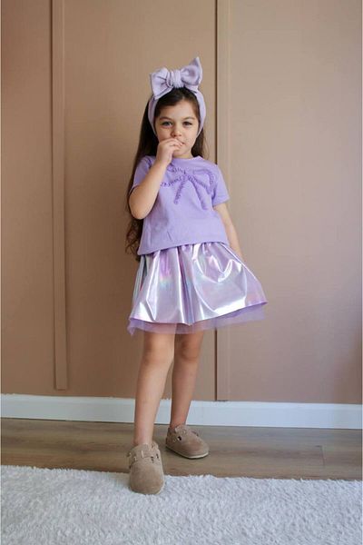 Lolliboomkids Girl's Lilac Color Shiny Fabric Tutu Balloon Skirt Bow Embroidered T-Shirt Cotton Bottom Suit