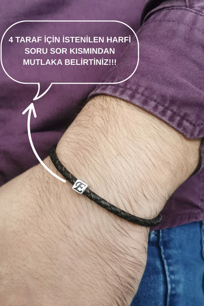 Piyera Gümüş Kişiye Özel Harfli Gümüş Küp Tek Sıra Deri Kordon Bileklik