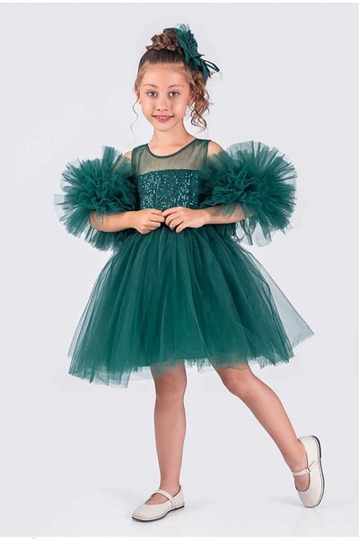 vestitino Rochie de seara pentru fete cu maneca pompon cu paiete cu paiete