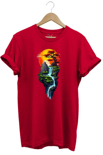 WİDİ Landscape Tree Sun Mountain and River Printed 100% Cotton Regular Fit Crew Neck Red T-Shirt