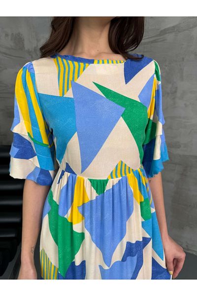 Elif Özbey Butik Rochie albastră cu mânecă cu balon cu model geometric