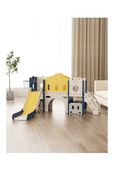 FULLJOY Tower slide and swing with bridge + ball frame and basketball + lane