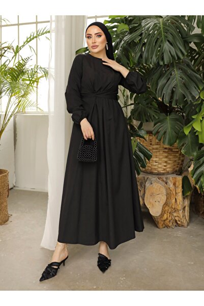 SAHRA BUTİK فستان أسود من التريكو ذو رباط متقاطع - SAHRA BUTIK