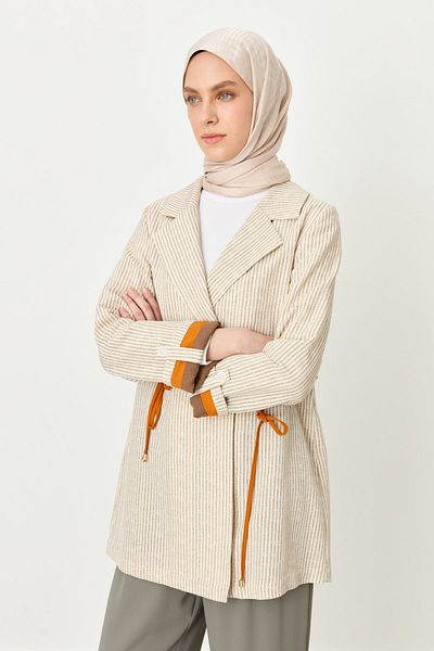 Nihan Fabric Mixed Double Breasted Jacket Beige