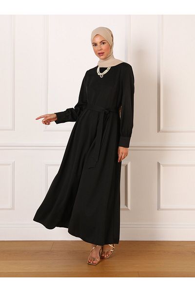 Refka Waist Pleated Detailed and Belted Hijab Dress - Black -