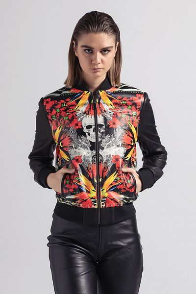 Deriderim Red Skull Printed Women's Genuine Leather Jacket
