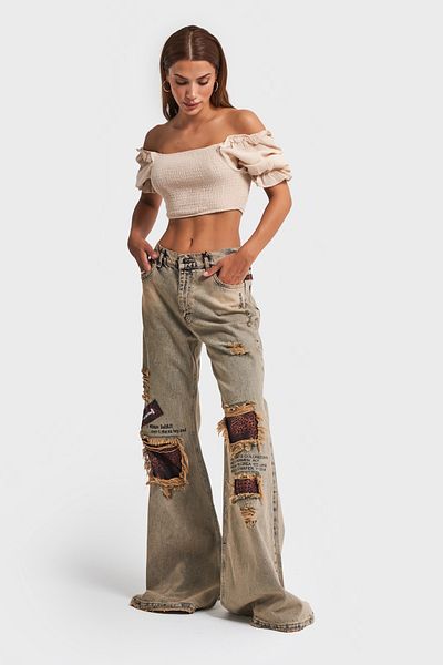 its basic Blugi Culoare Leopard Detaliat Design Picior Lat - Femei Denim Flare Fit