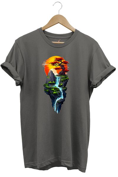 WİDİ Τοπίο Tree Sun Mountain And River Printed 100% βαμβακερό μπλουζάκι με κανονική εφαρμογή με λαιμόκοψη