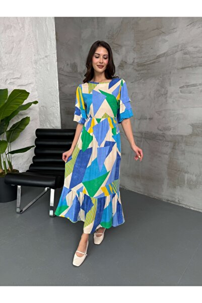 Elif Özbey Butik Blue Balloon Sleeve Geometric Pattern Dress