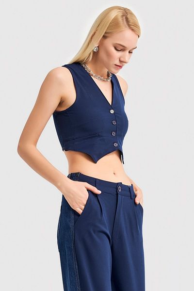 its basic Γυναικείο τζιν Navy Blue Χρώμα Διπλό Μπροστινό Κουμπί Crop Γιλέκο