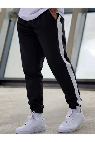 Relax family xf Μαύρο Oversize Jogger Sweatpants - Λευκή ρίγα, ελαστικό πόδι, βαμβακερό