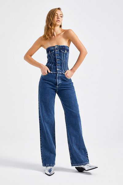 its basic Women's Blue Color Wide Leg Fit Front Buttoned Strapless Denim Jumpsuit