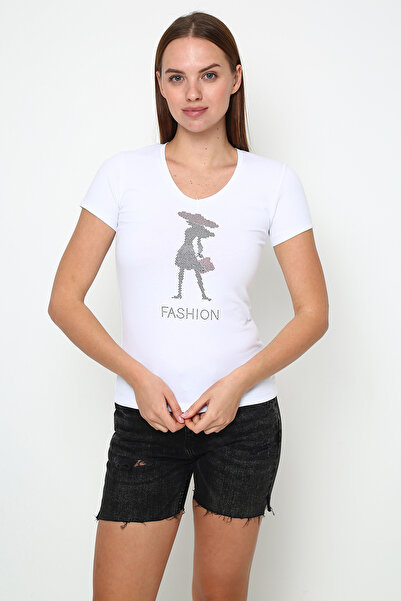 Oasis v-подібний комір, облягаючий крій, еластичний, модний жіночий футболка з каменним принтом