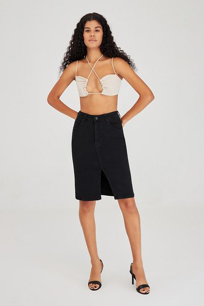 its basic Women's Black Stonewashed Color Black Od Slit Detailed Midi Length Lycra High Waist Jean Skirt