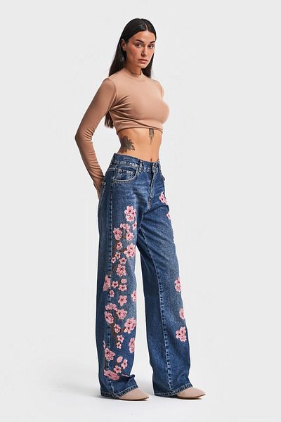its basic Ροζ φλοράλ κεντημένο γυναικείο τζιν - Loose Fit σχέδιο, χρώμα τζιν