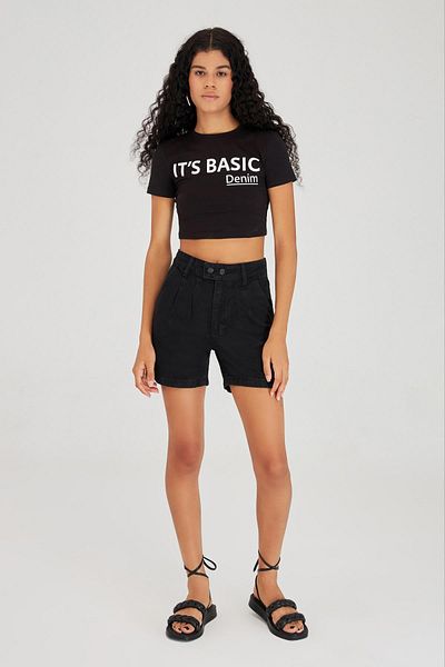 its basic Women's Black Black Od Color Front Pleated Double Buttoned High Waist Shorts