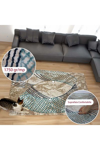 Brava Casa Covor Spirae Natura, Albastru, Negru, Gri, Fir Scurt 8 mm, 80x150 cm, 1750 g/m², BravaCasa