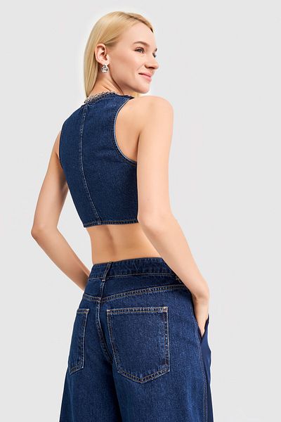 its basic Γυναικείο τζιν Navy Blue Χρώμα Διπλό Μπροστινό Κουμπί Crop Γιλέκο