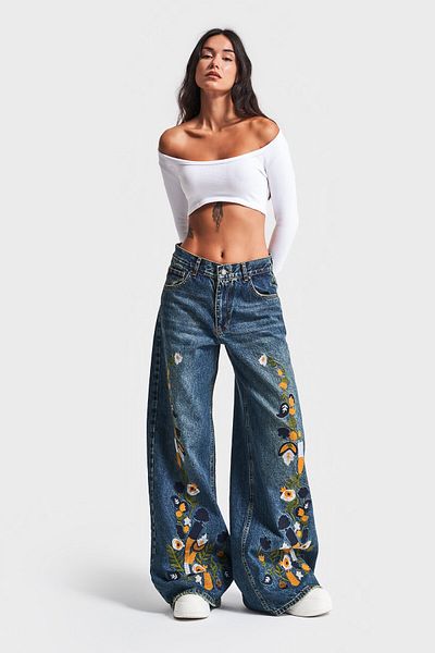 its basic T.Jeans Χρώμα Κεντημένο Palazzo Fit Γυναικείο Τζιν - Σχέδιο