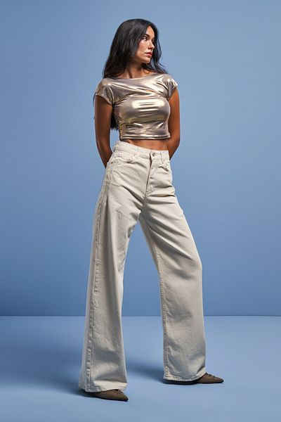 its basic Raw Color Lycra Fabric - Women's Wide Leg Denim Trousers