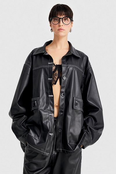 its basic Women's Black Color Contrast Stitched Oversize Raised Faux Leather Jacket