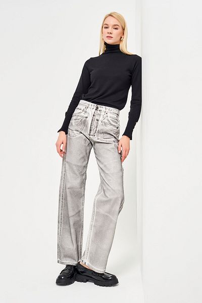 its basic Women's Gray Color Special Coated Loose Fit Gilded Denim