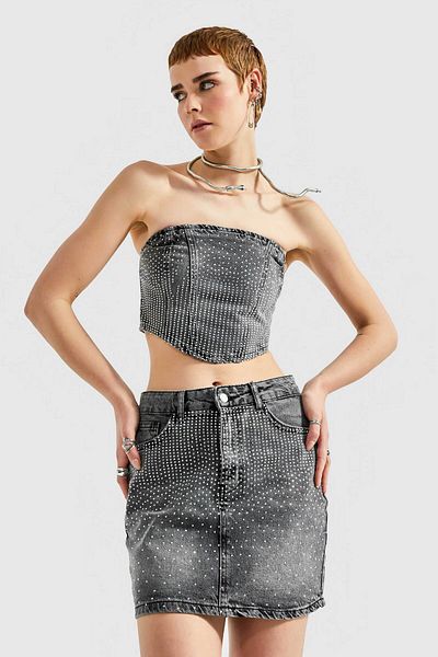 its basic Women's Smoked Color Strapless Bustier with Shiny Stones on the Front