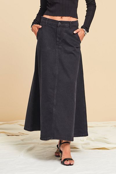 its basic Women's Black Black Od Color A Type Cut Denim Skirt