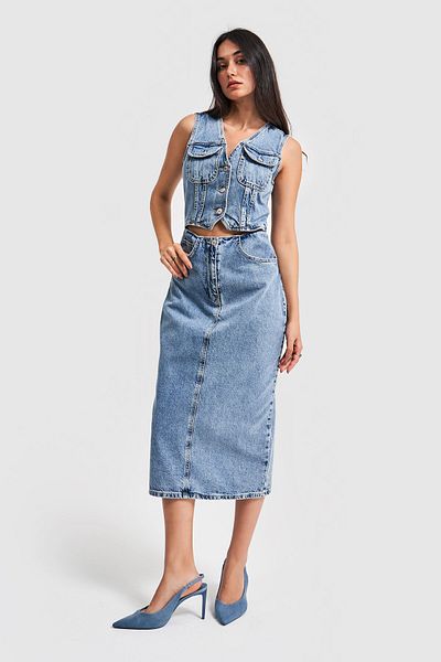 its basic Rochie de damă din denim cu fante de culoare blugi de zăpadă
