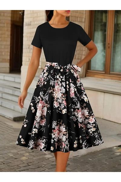 Masspera Crew Neck Short Sleeve Floral Pattern Midi Dress